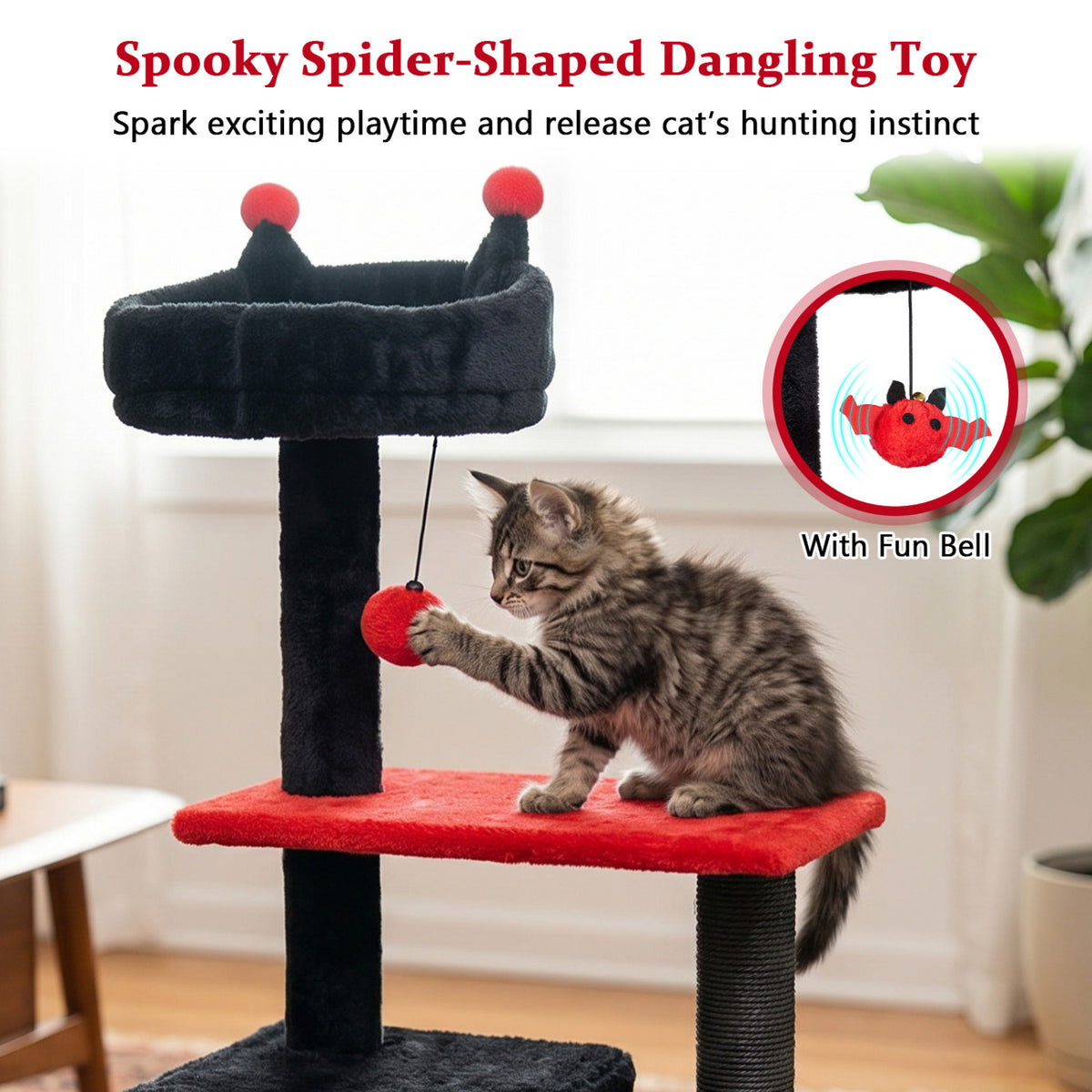 57-Inch Spooky Cat Tower with Padded Perch and Spider Toy - Red Variation
