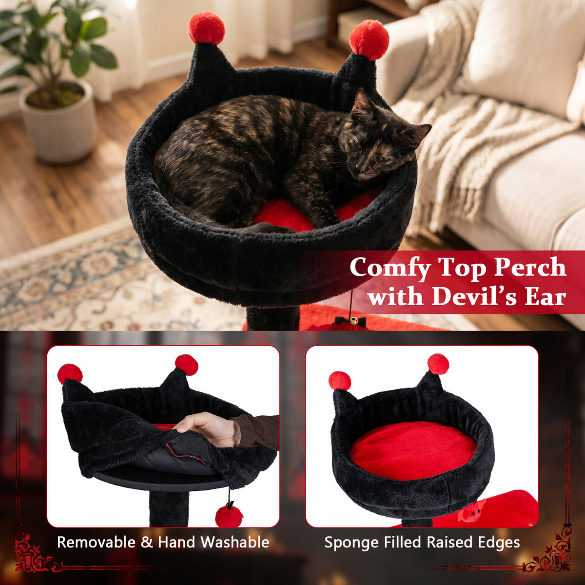 57-Inch Spooky Cat Tower with Padded Perch and Spider Toy - Red Variation