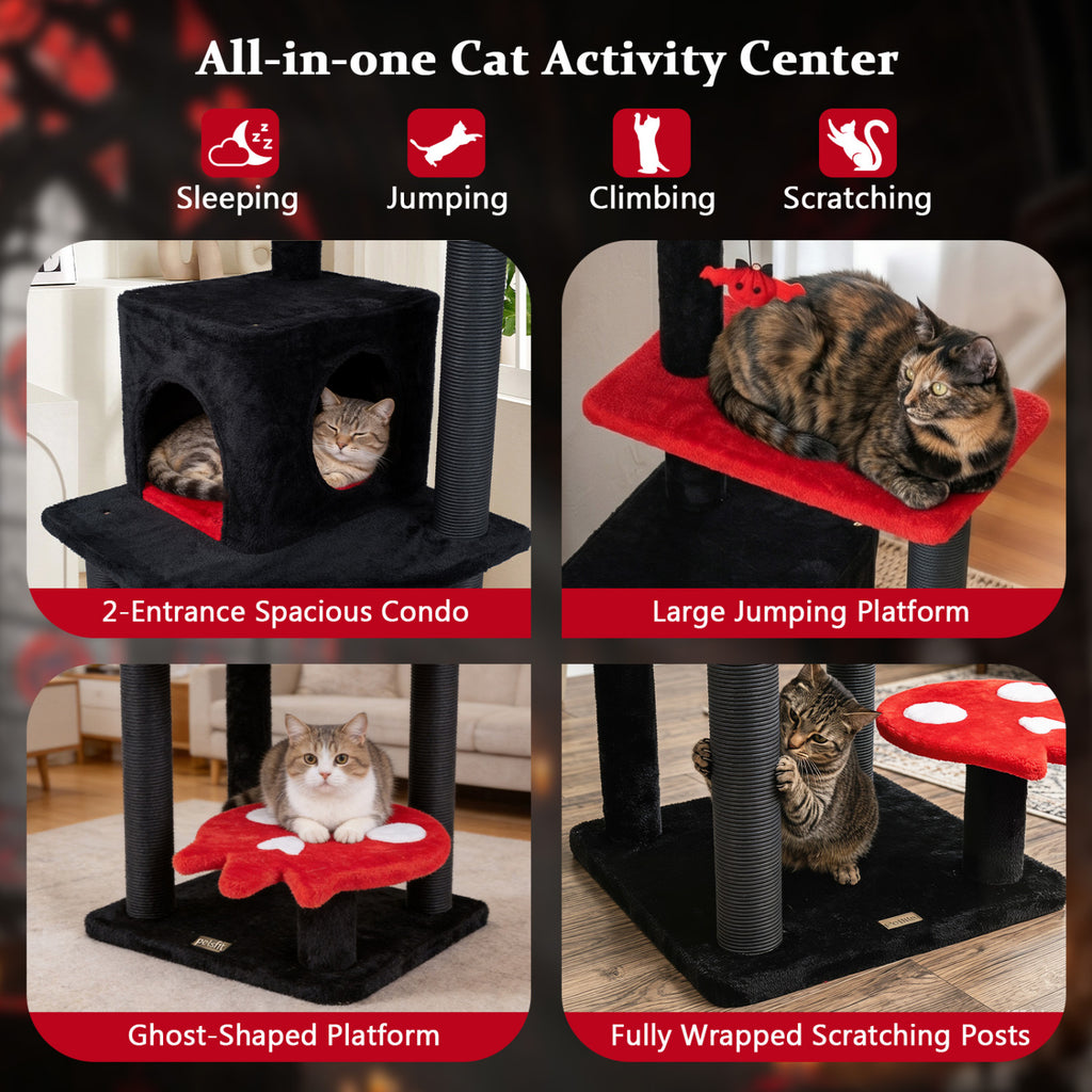 57-Inch Spooky Cat Tower with Padded Perch and Spider Toy - Red Variation