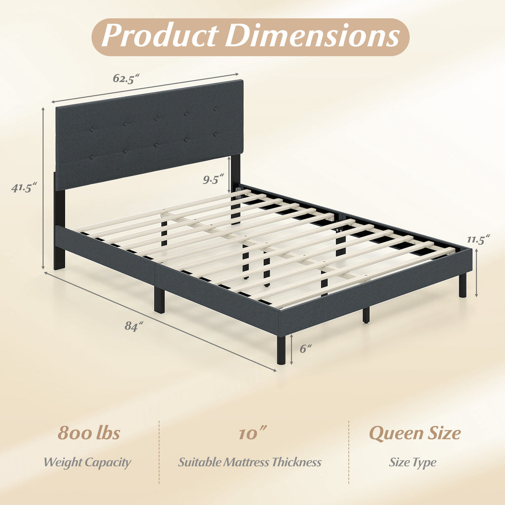 Queen Size Upholstered Bed Frame Linen Platform Bed - Dark Gray
