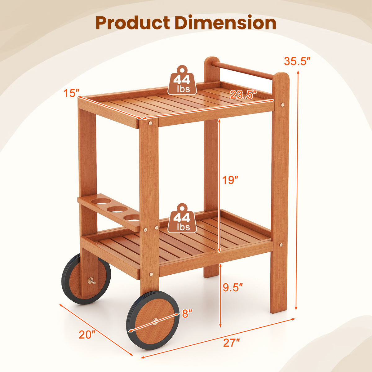 2-Tier Rolling Serving Cart with Wine Bottle Holders