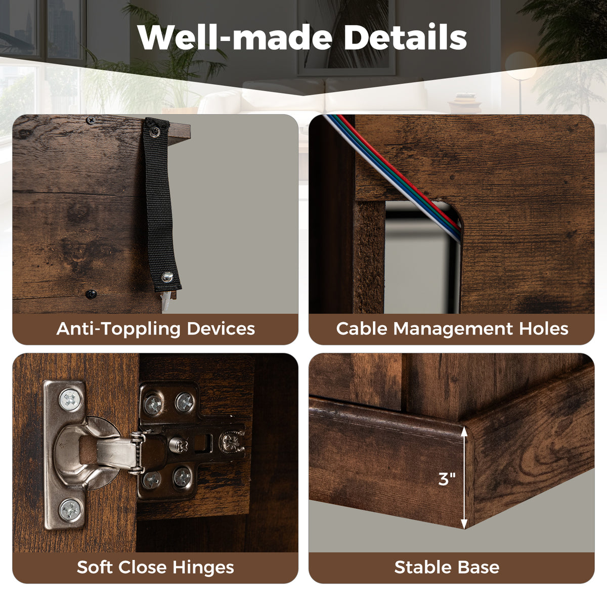 58 Inch Fireplace TV Stand with LED Lights and Storage – Rustic Brown
