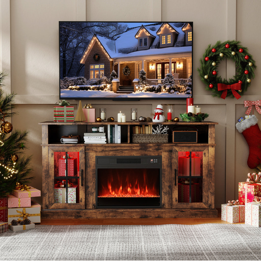 58 Inch Fireplace TV Stand with LED Lights and Storage – Rustic Brown