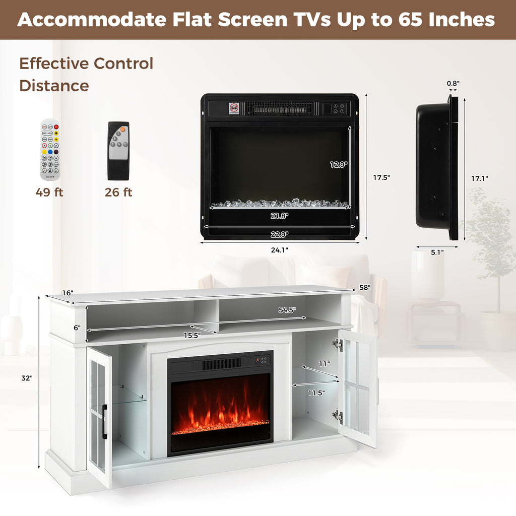 58" Fireplace TV Stand with LED Lights, Storage & Glass Doors - White