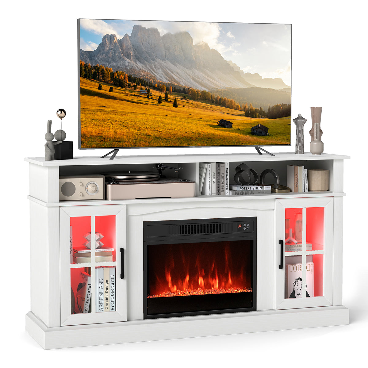 58" Fireplace TV Stand with LED Lights, Storage & Glass Doors - White