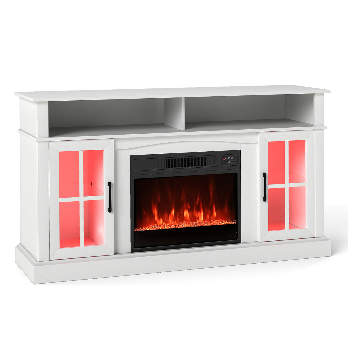 58" Fireplace TV Stand with LED Lights, Storage & Glass Doors - White