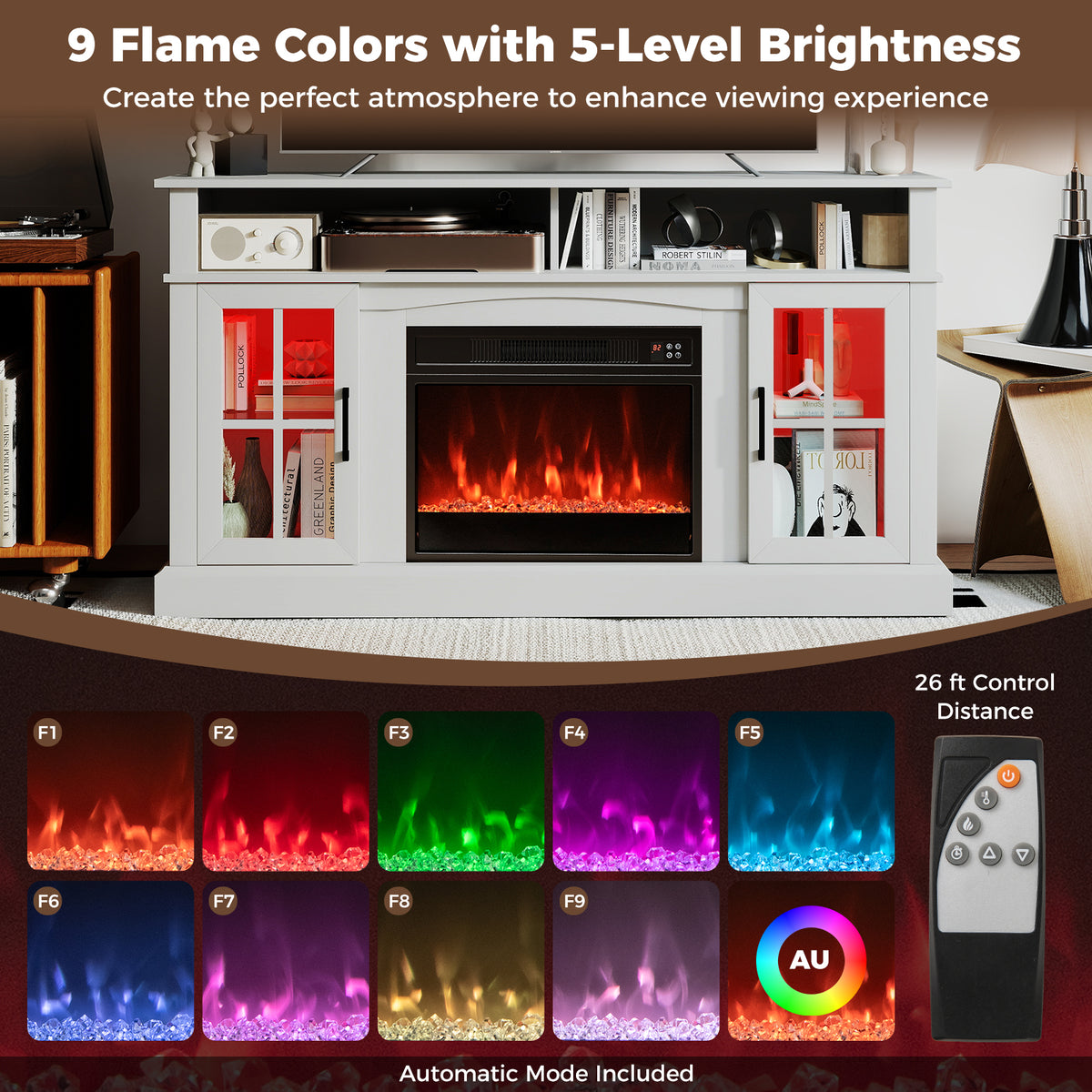 58" Fireplace TV Stand with LED Lights, Storage & Glass Doors - White