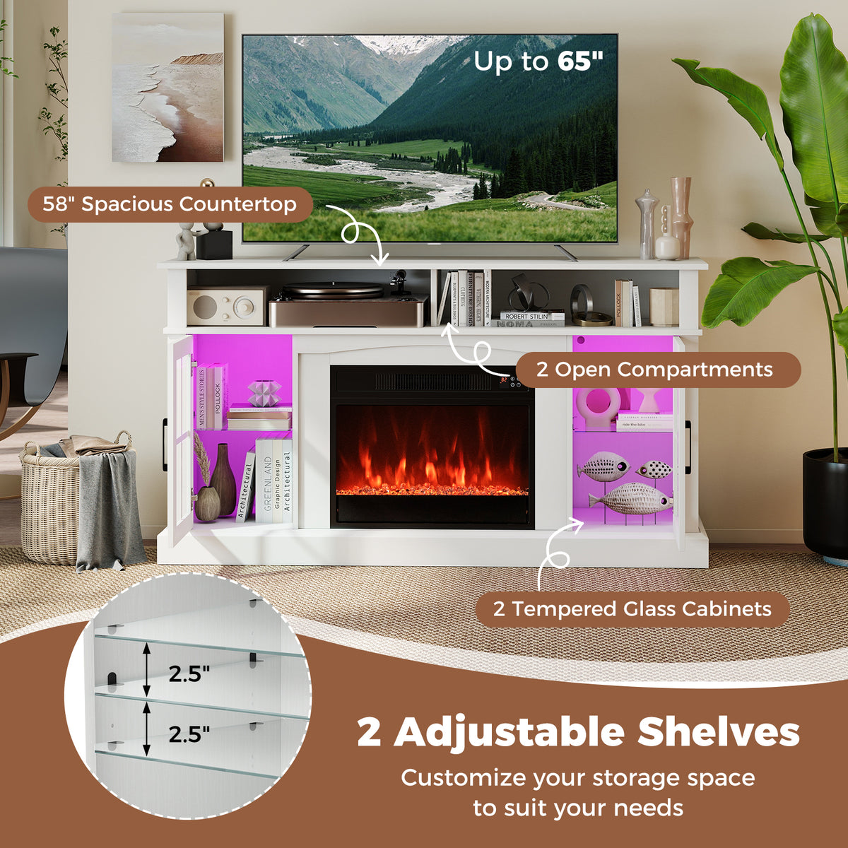 58" Fireplace TV Stand with LED Lights, Storage & Glass Doors - White