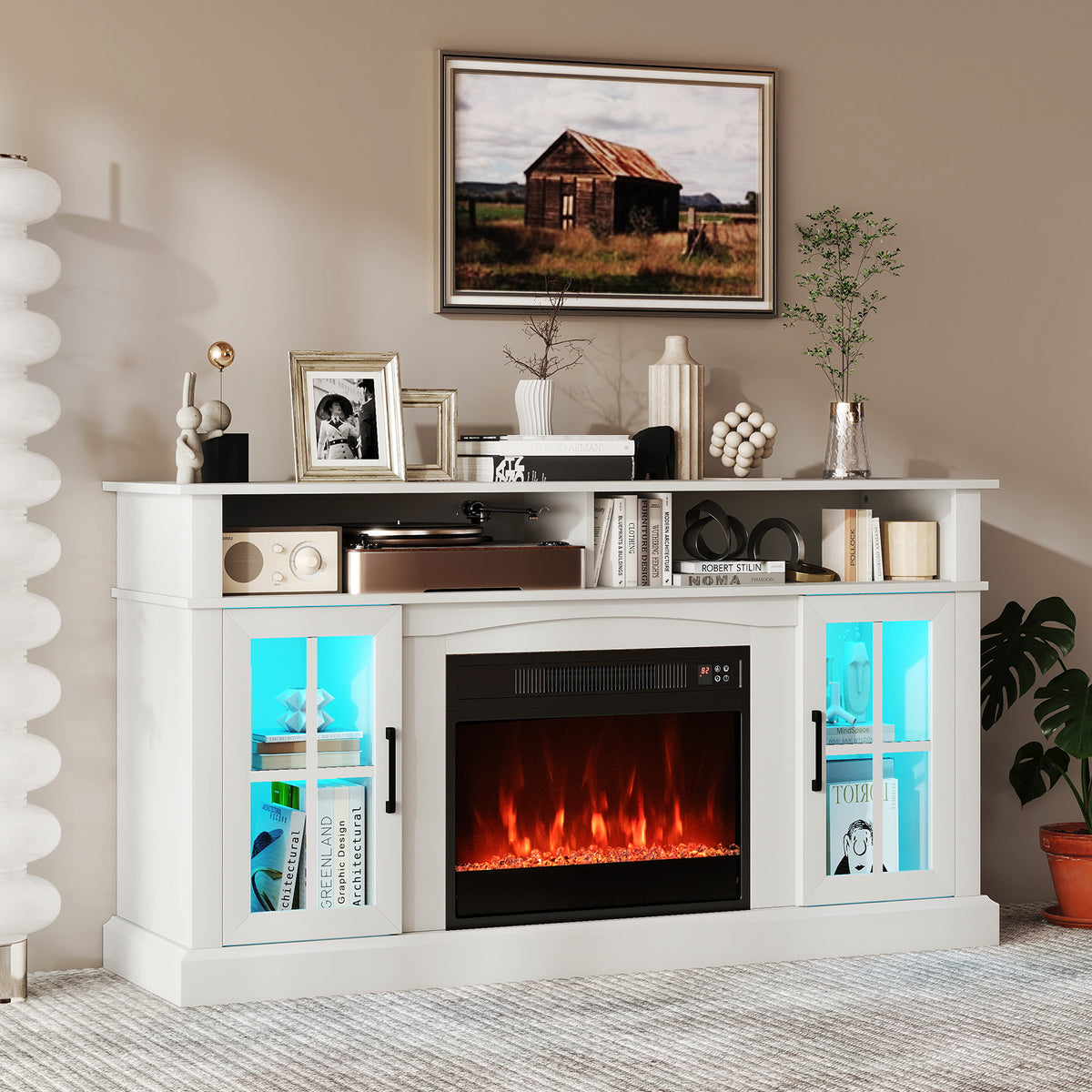 58" Fireplace TV Stand with LED Lights, Storage & Glass Doors - White