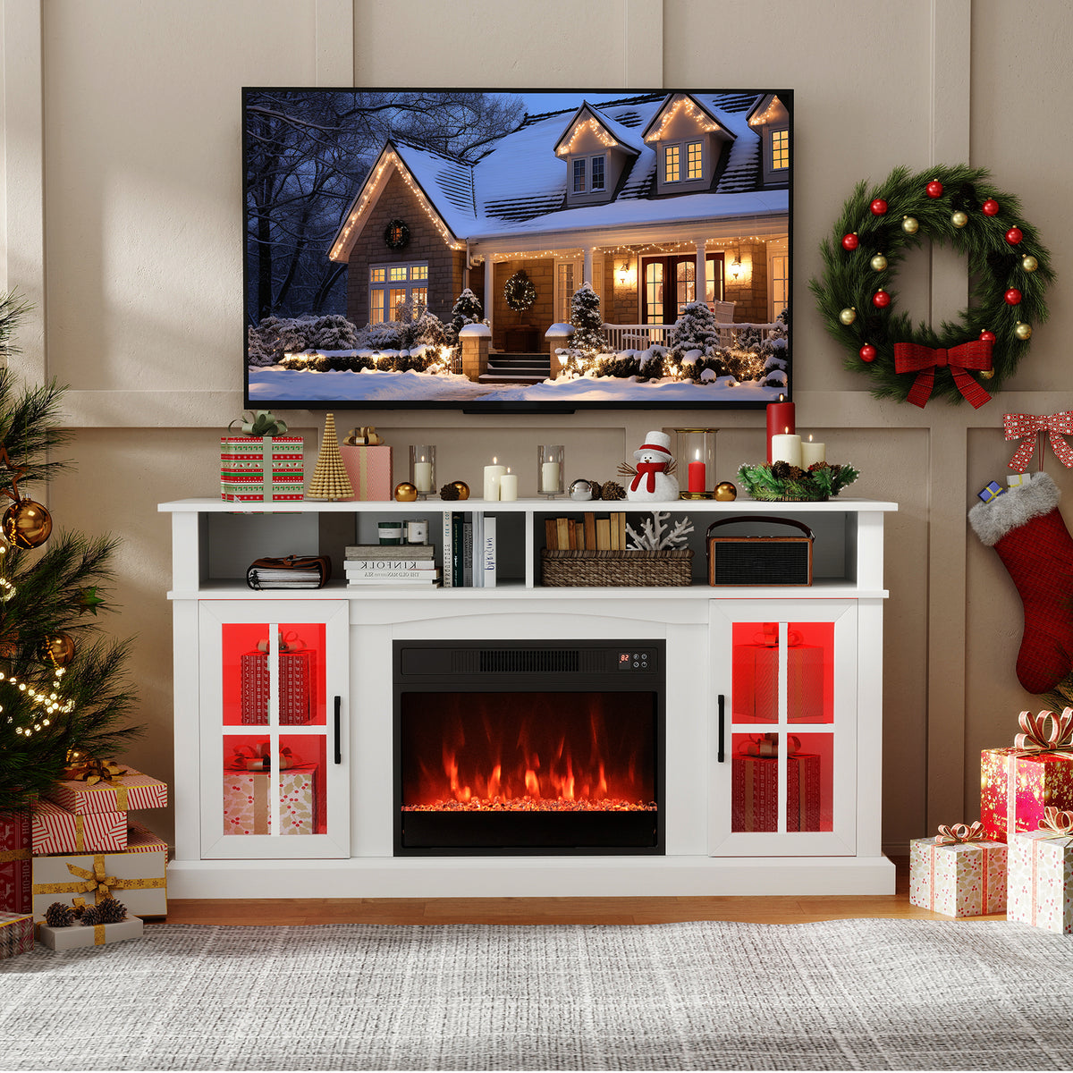 58" Fireplace TV Stand with LED Lights, Storage, White