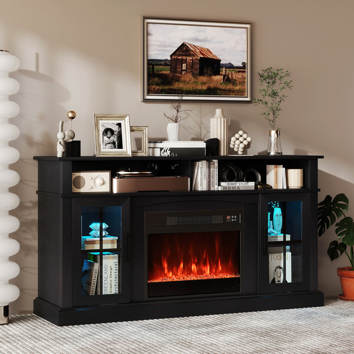 58" Fireplace TV Stand with LED Lights - For 65" TV, Black