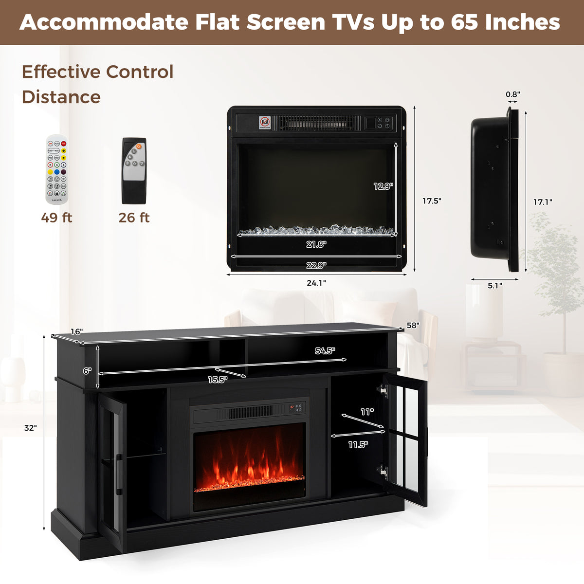 58" Fireplace TV Stand with LED Lights - For 65" TV, Black
