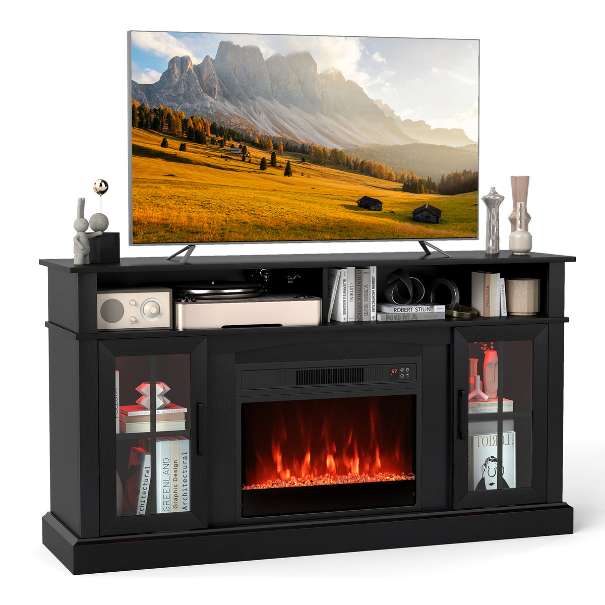 58" Fireplace TV Stand with LED Lights - For 65" TV, Black