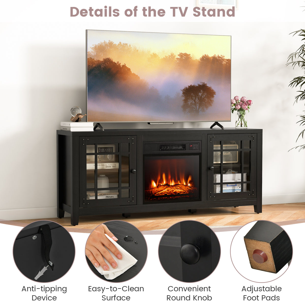 58 Inch Fireplace TV Stand for 65" TV with Storage - Black