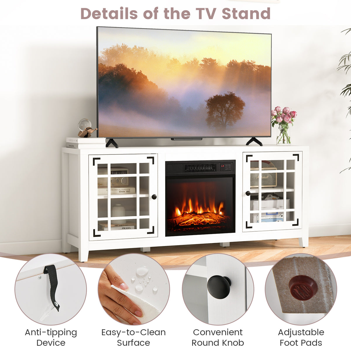 58" Fireplace TV Stand with Adjustable Shelves for 65" TV - White