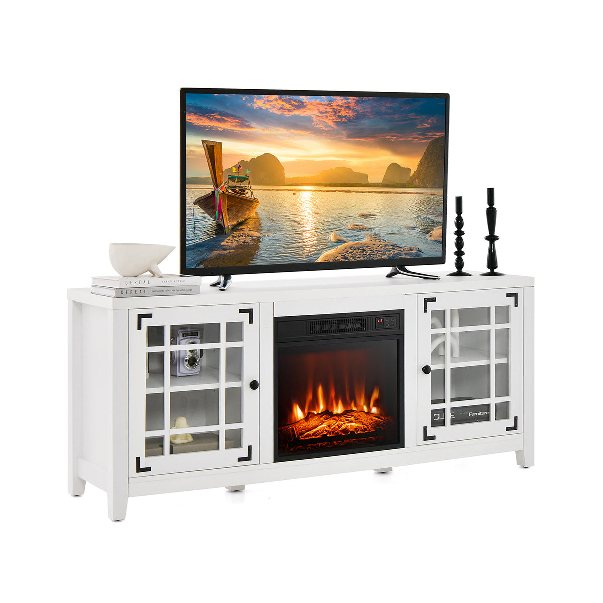 58" Fireplace TV Stand with Adjustable Shelves for 65" TV - White