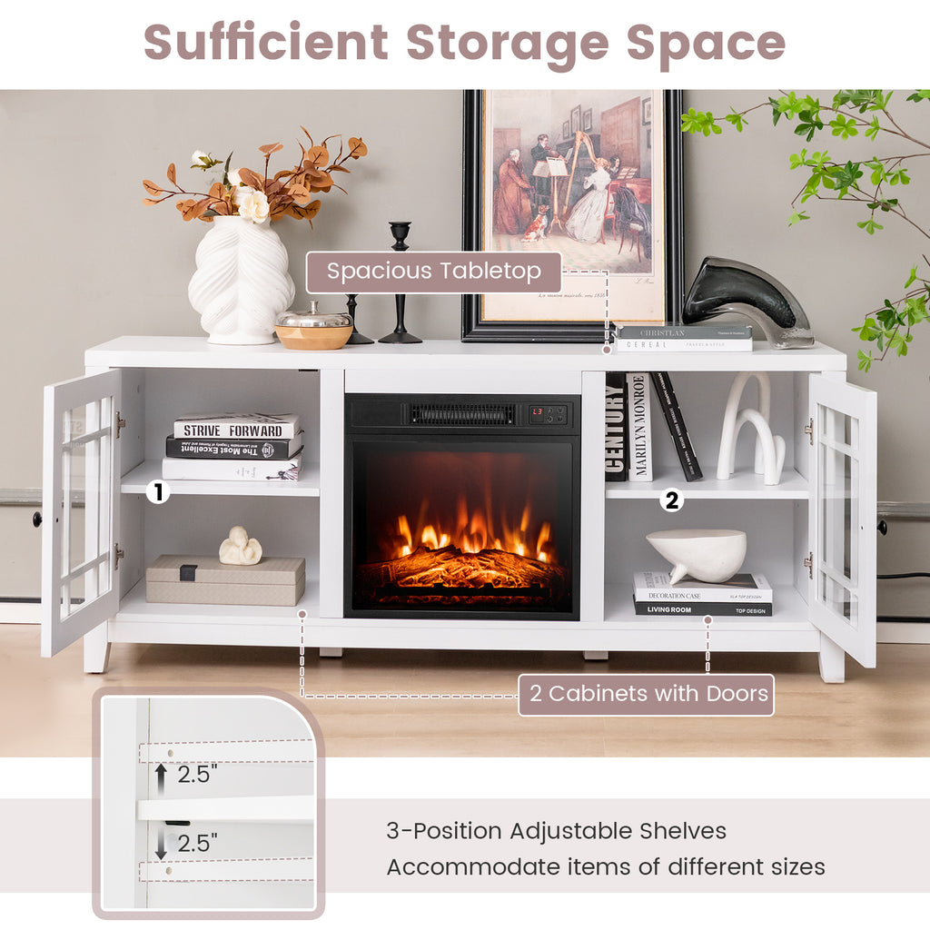 58" Fireplace TV Stand with Adjustable Shelves for 65" TV - White