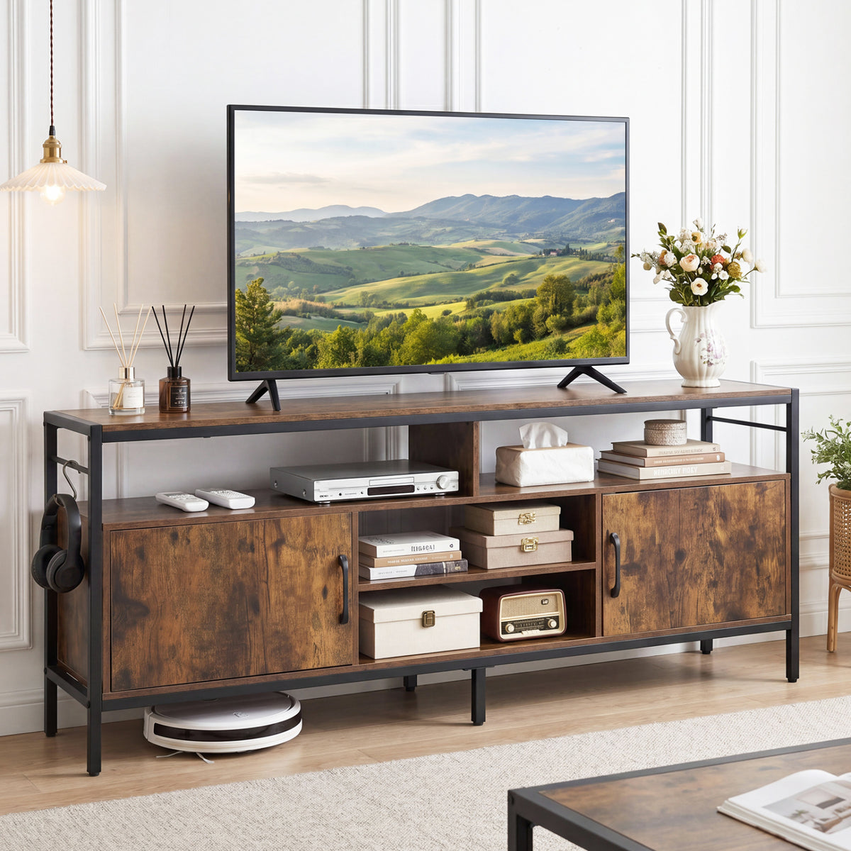 Industrial TV Stand with Cabinets for 65" TVs - Black