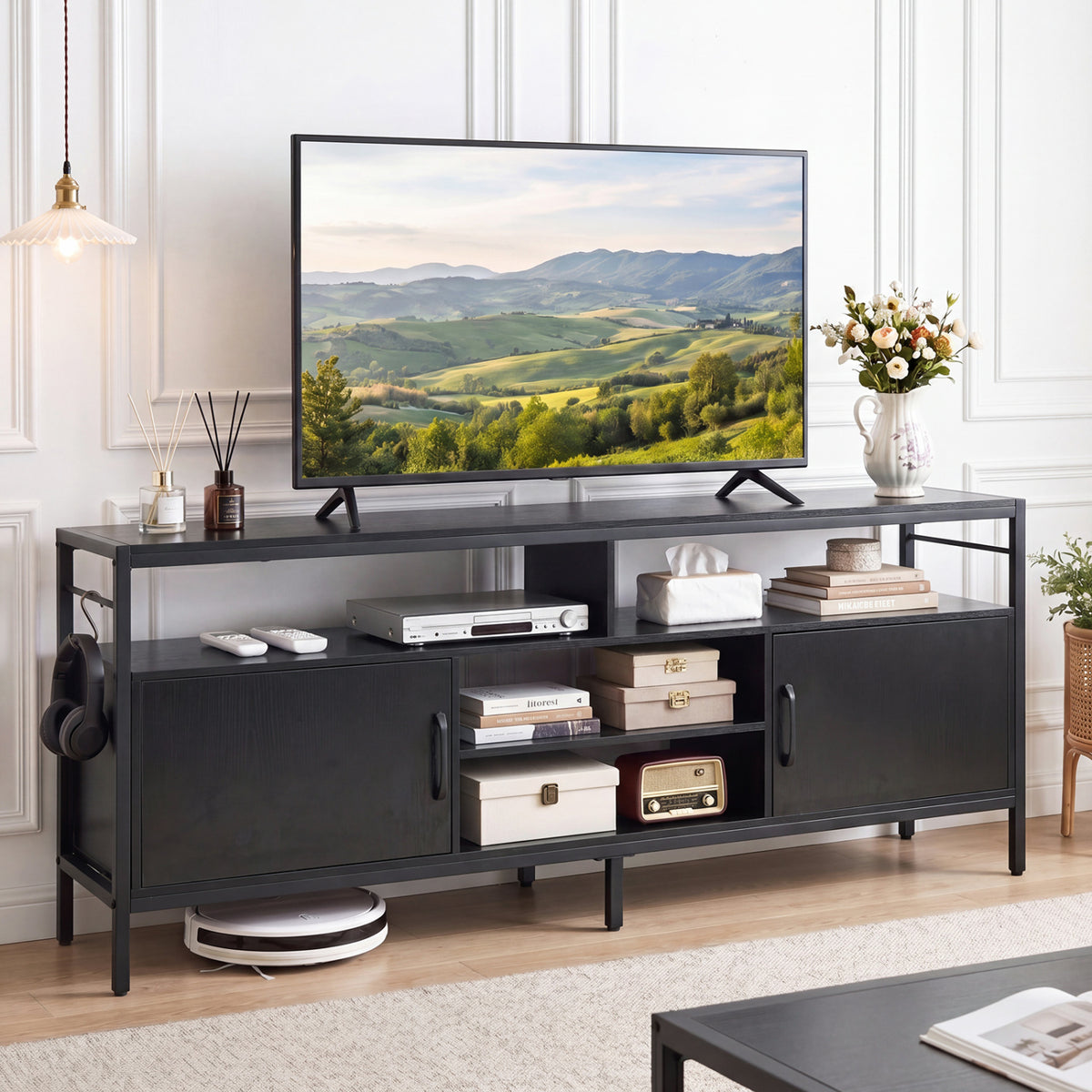 Industrial TV Stand with Cabinets for 65" TVs - Black