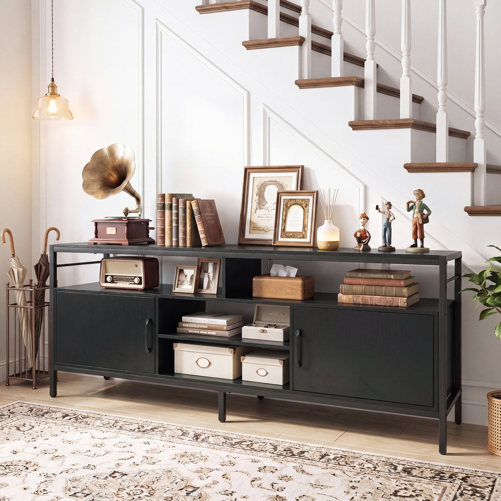 Industrial TV Stand for 65 Inch TV - Black with Open Shelves & Cabinets