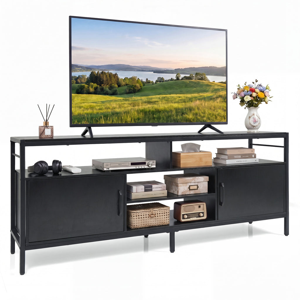 Industrial TV Stand for 65 Inch TV - Black with Open Shelves & Cabinets