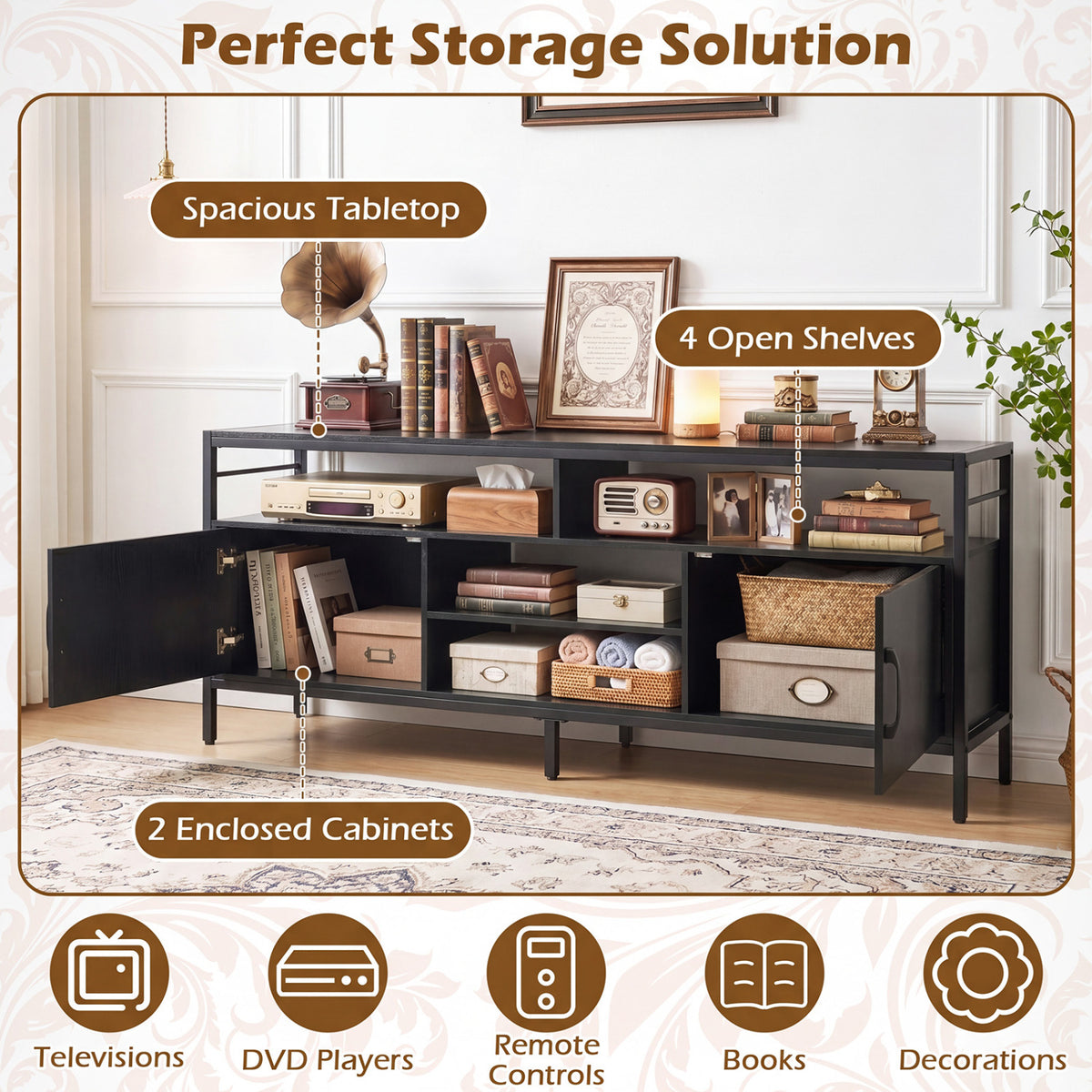 Industrial TV Stand with Cabinets for 65" TVs - Black