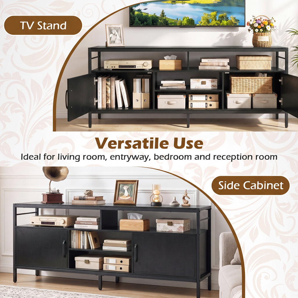 Industrial TV Stand with Cabinets for 65" TVs - Black