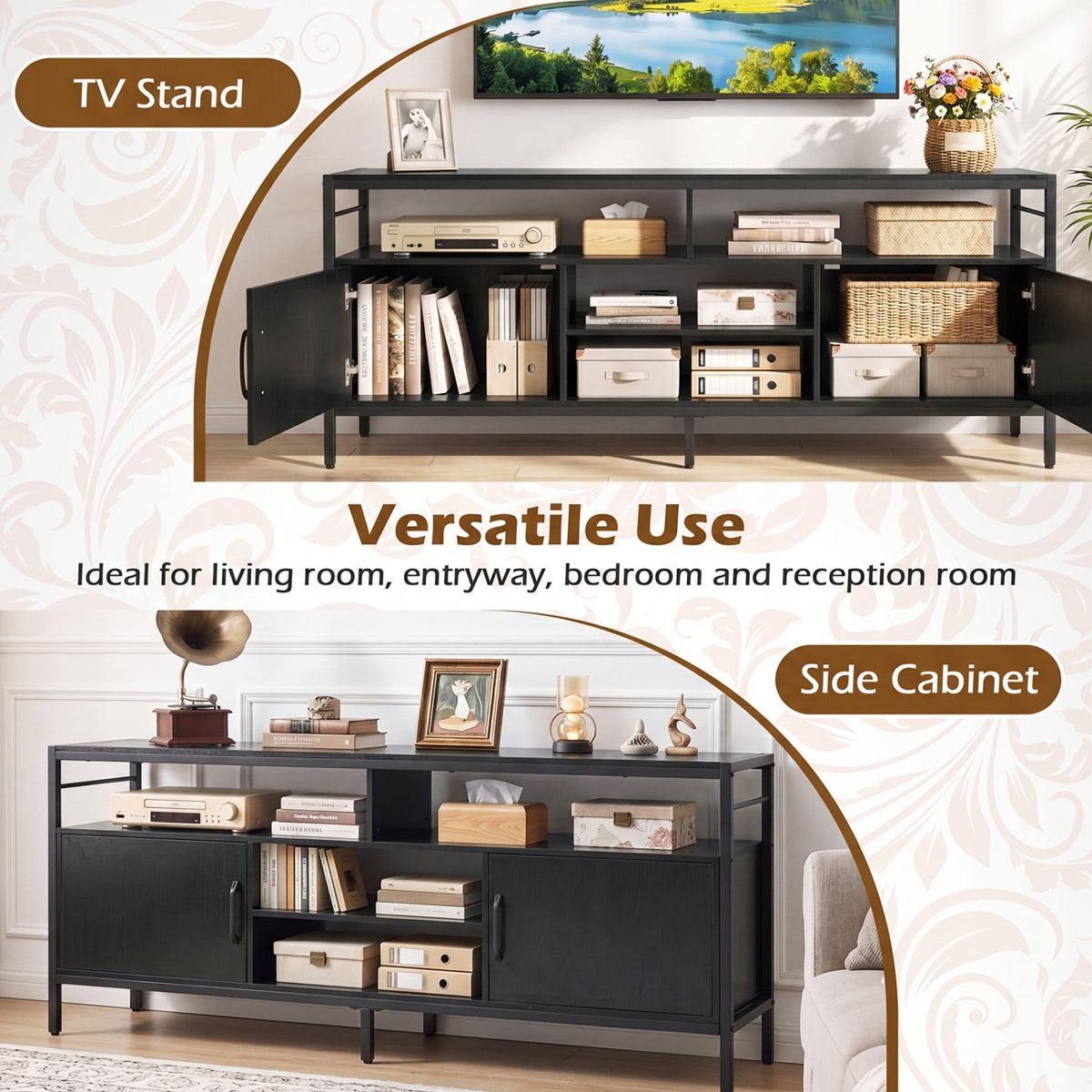Industrial TV Stand with Cabinets for 65" TVs - Black