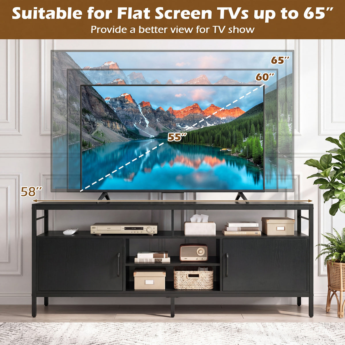 Industrial TV Stand for 65 Inch TV - Black with Open Shelves & Cabinets