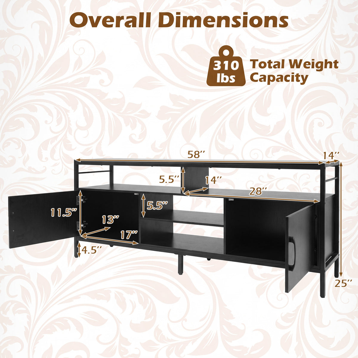 Industrial TV Stand with Cabinets for 65" TVs - Black