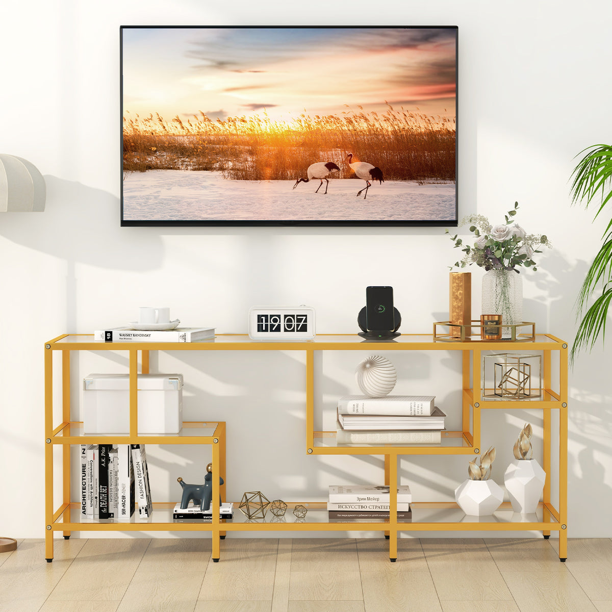 58 Inch TV Console Table with Tempered Glass Shelves - Golden