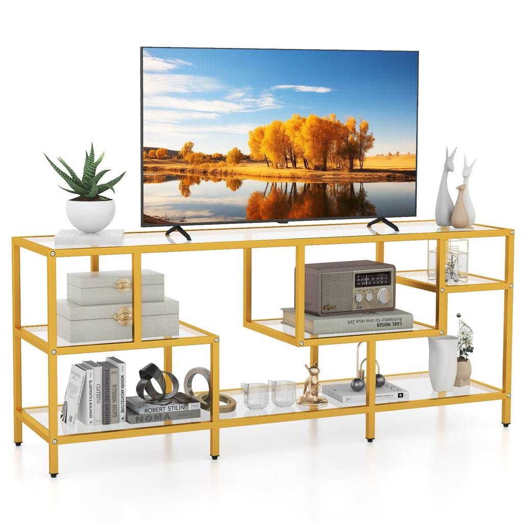 58 Inch TV Console Table with Tempered Glass Shelves - Golden