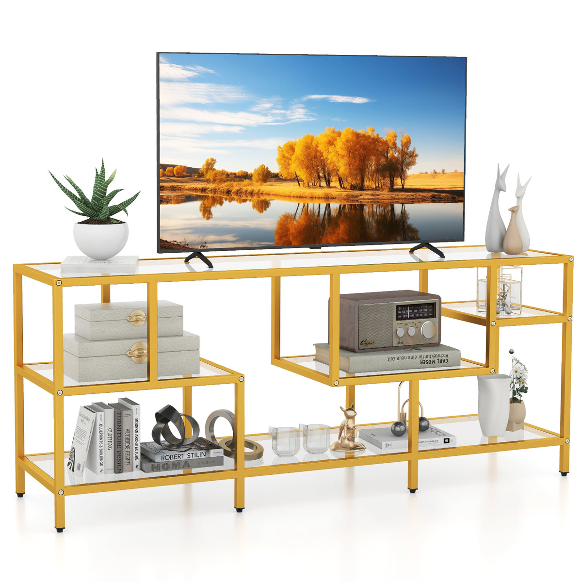 58 Inch TV Console Table with Tempered Glass Shelves - Golden