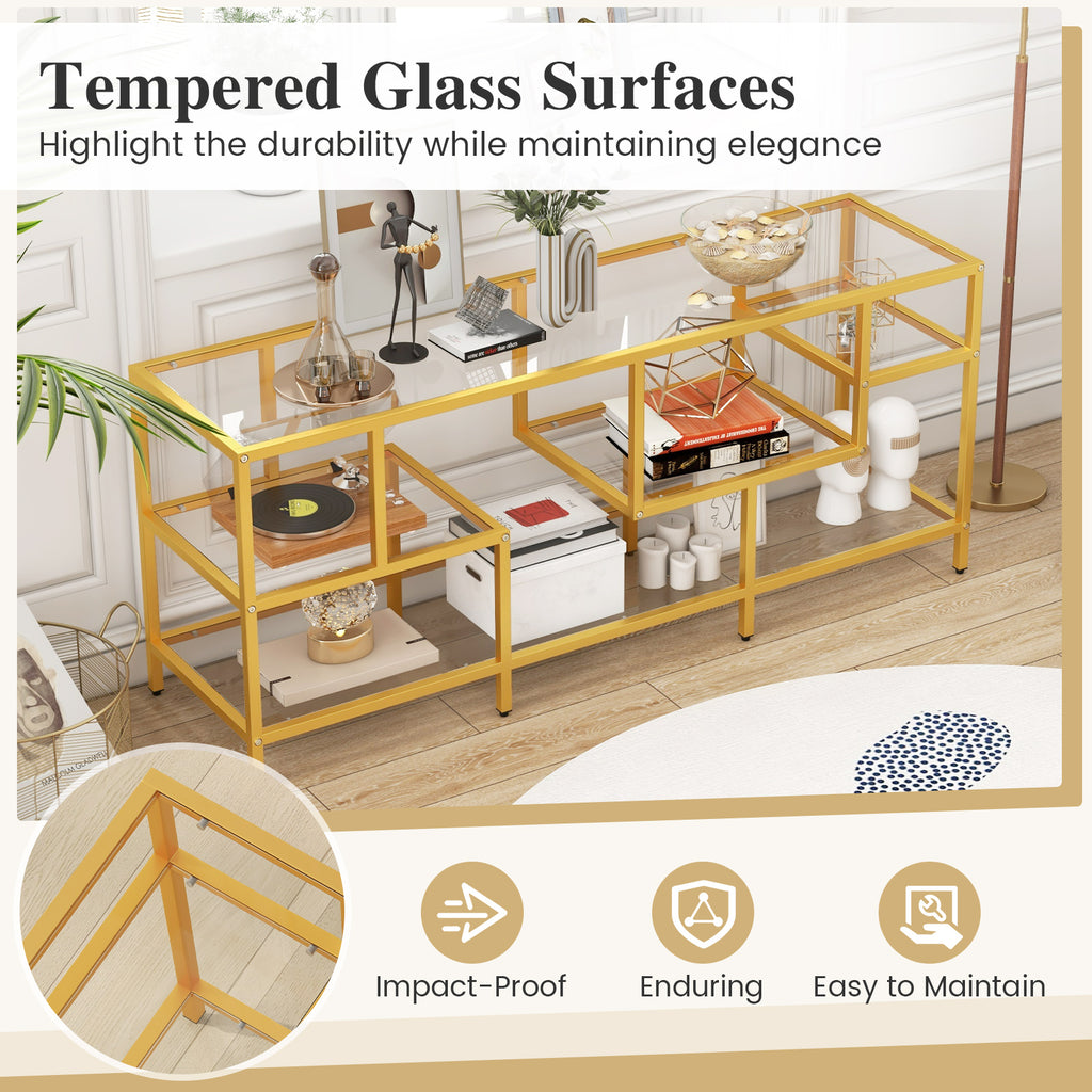 58 Inch TV Console Table with Tempered Glass Shelves - Golden