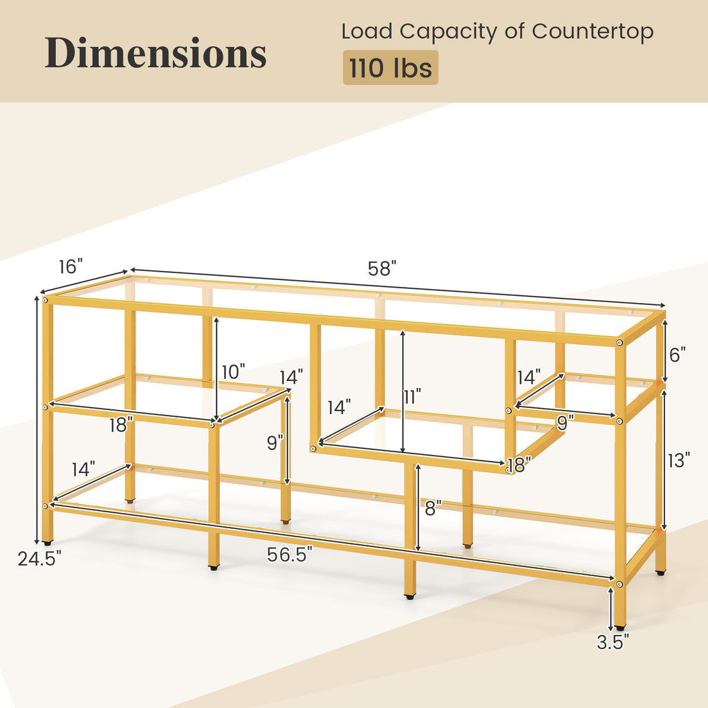 58 Inch TV Console Table with Tempered Glass Shelves - Golden
