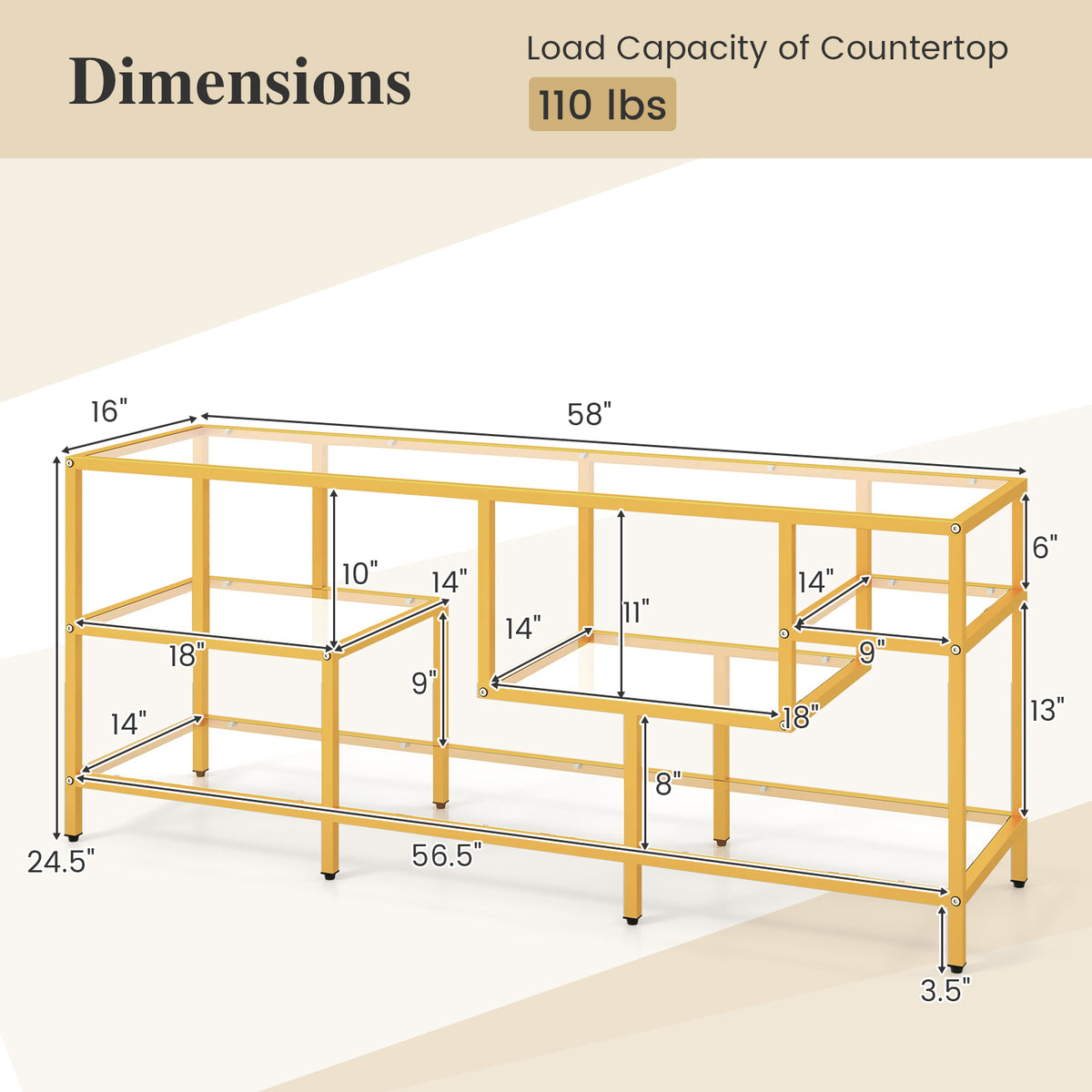 58 Inch TV Console Table with Tempered Glass Shelves - Golden