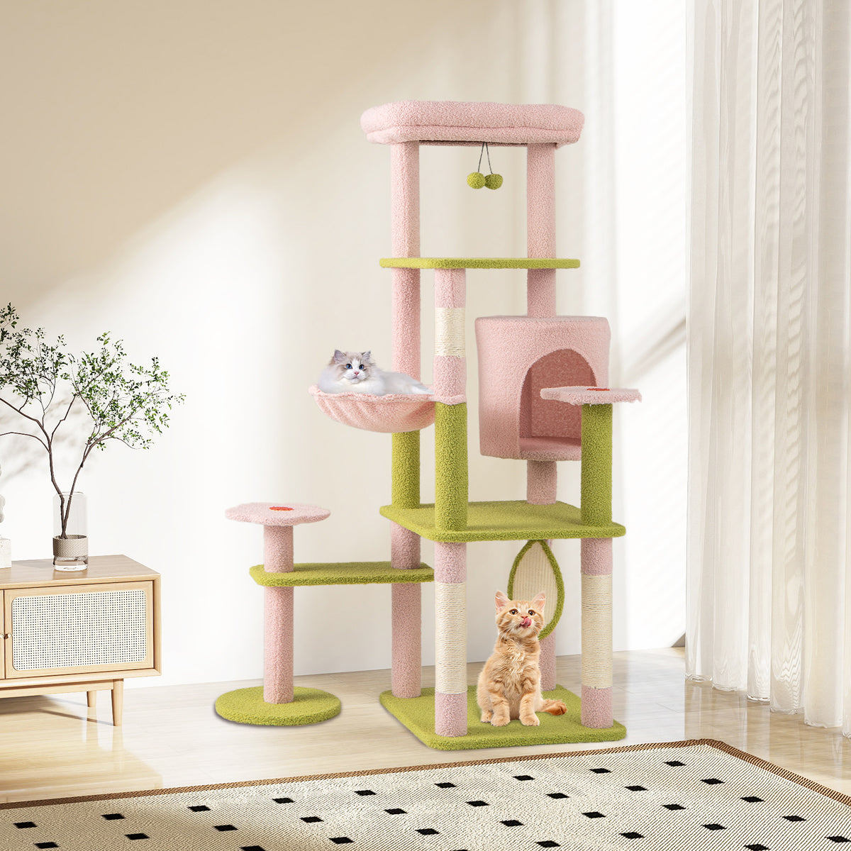 Pink Multi-Level Cat Tree Tall 58 Inch Aesthetic Floral Cat Tower with Perches & Condo - Costway