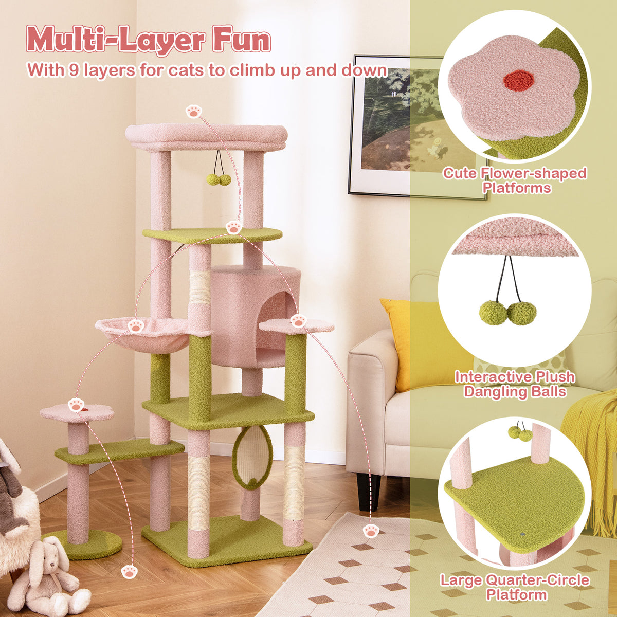 Pink Multi-Level Cat Tree Tall 58 Inch Aesthetic Floral Cat Tower with Perches & Condo - Costway