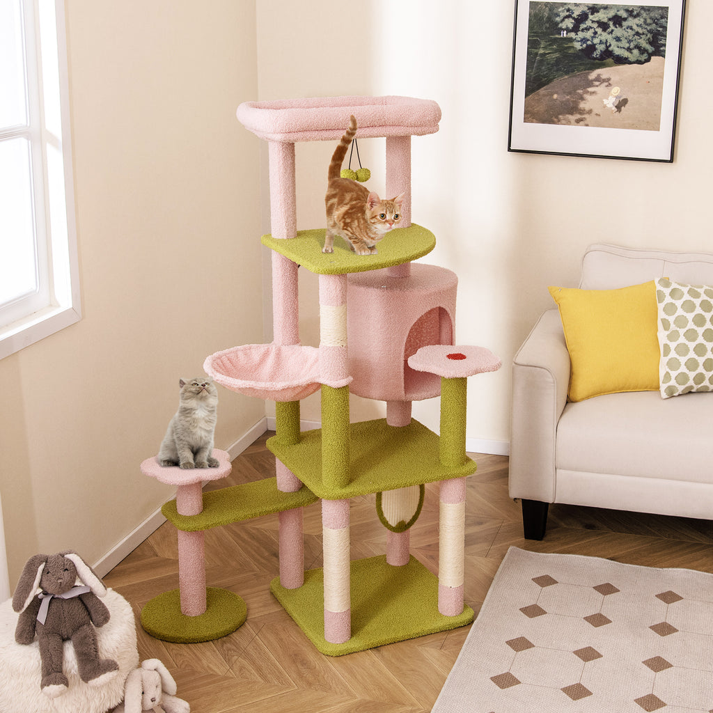 Pink Multi-Level Cat Tree Tall 58 Inch Aesthetic Floral Cat Tower with Perches & Condo - Costway