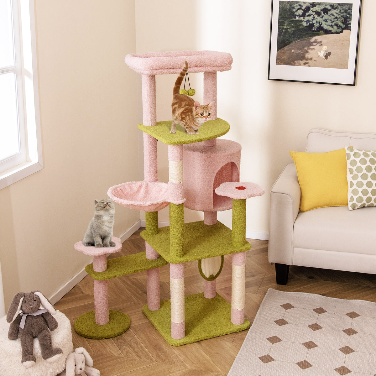 Pink Multi-Level Cat Tree Tall 58 Inch Aesthetic Floral Cat Tower with Perches & Condo - Costway