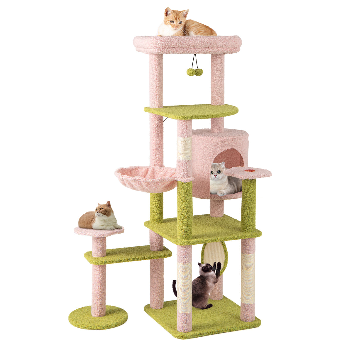 Pink Multi-Level Cat Tree Tall 58 Inch Aesthetic Floral Cat Tower with Perches & Condo - Costway