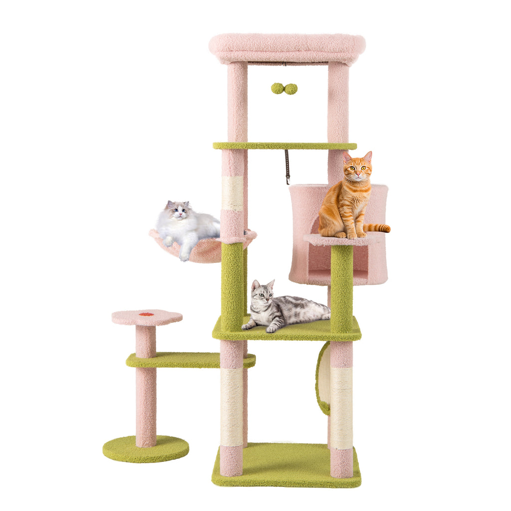 Pink Multi-Level Cat Tree Tall 58 Inch Aesthetic Floral Cat Tower with Perches & Condo - Costway