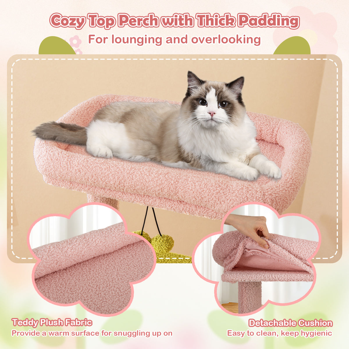 Pink Multi-Level Cat Tree Tall 58 Inch Aesthetic Floral Cat Tower with Perches & Condo - Costway
