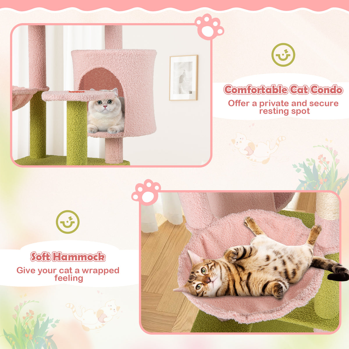 Pink Multi-Level Cat Tree Tall 58 Inch Aesthetic Floral Cat Tower with Perches & Condo - Costway