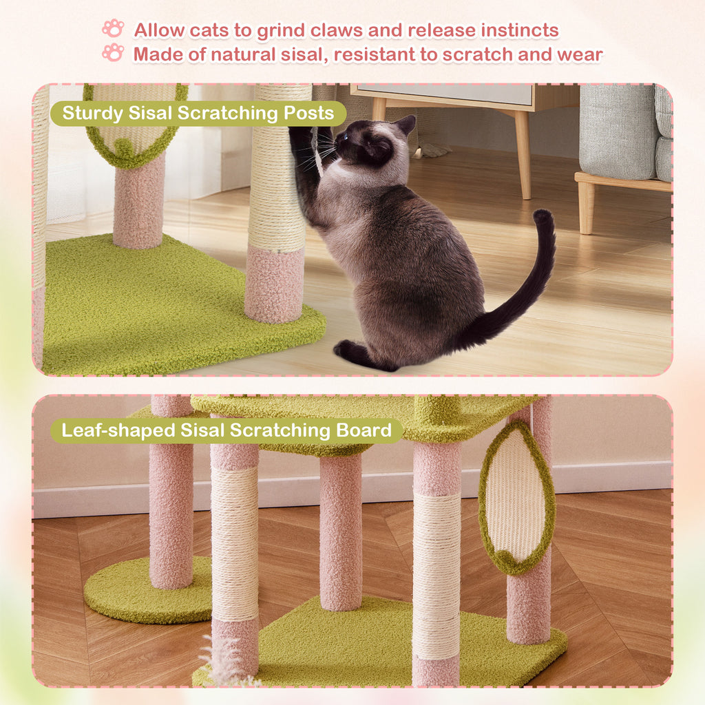 Pink Multi-Level Cat Tree Tall 58 Inch Aesthetic Floral Cat Tower with Perches & Condo - Costway