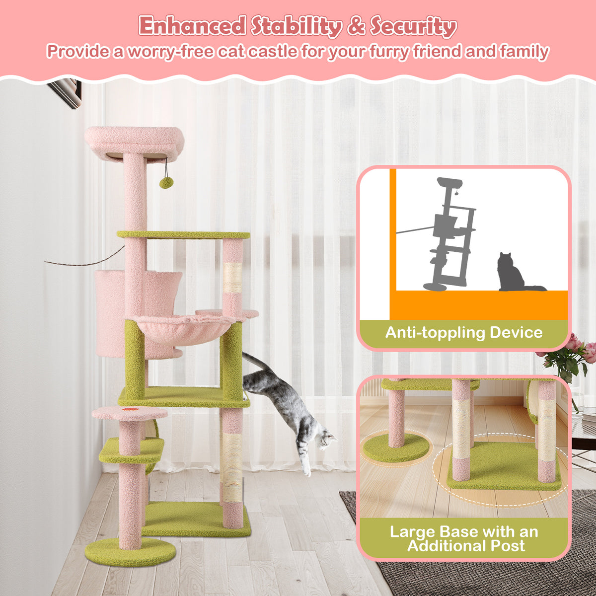 Pink Multi-Level Cat Tree Tall 58 Inch Aesthetic Floral Cat Tower with Perches & Condo - Costway