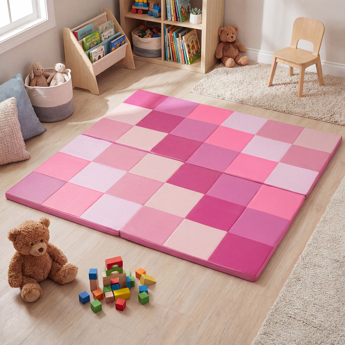 58 Inch Toddler Play Mat - Foldable Foam Baby Activity Floor Mat in Pink