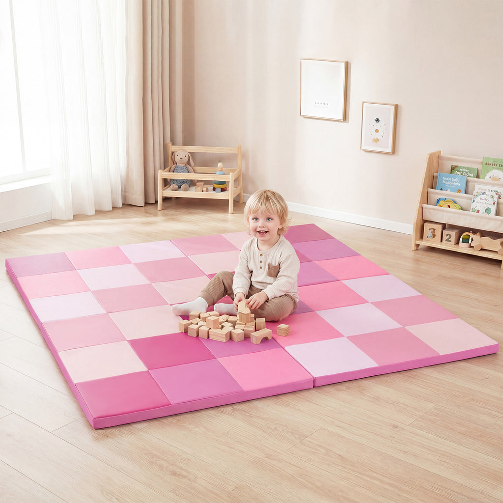 58 Inch Toddler Play Mat - Foldable Foam Baby Activity Floor Mat in Pink