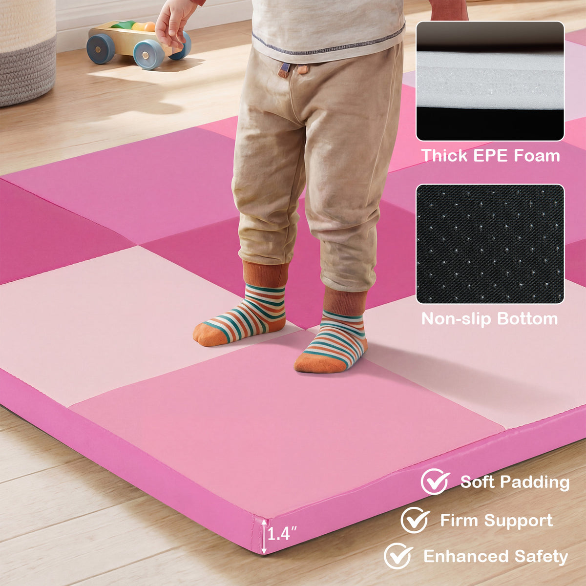 58 Inch Toddler Play Mat - Foldable Foam Baby Activity Floor Mat in Pink