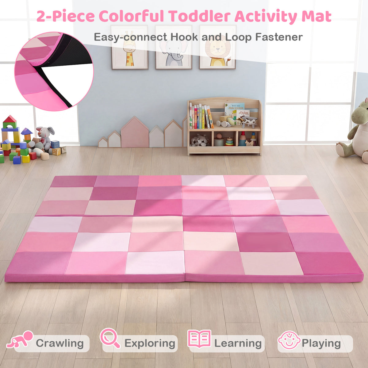 58 Inch Toddler Play Mat - Foldable Foam Baby Activity Floor Mat in Pink